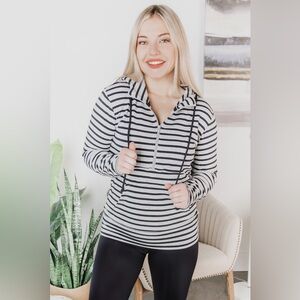 Vanilla Bay Womens Striped Pullover Half Zip Hoodie Size XS Grey Black Stretchy